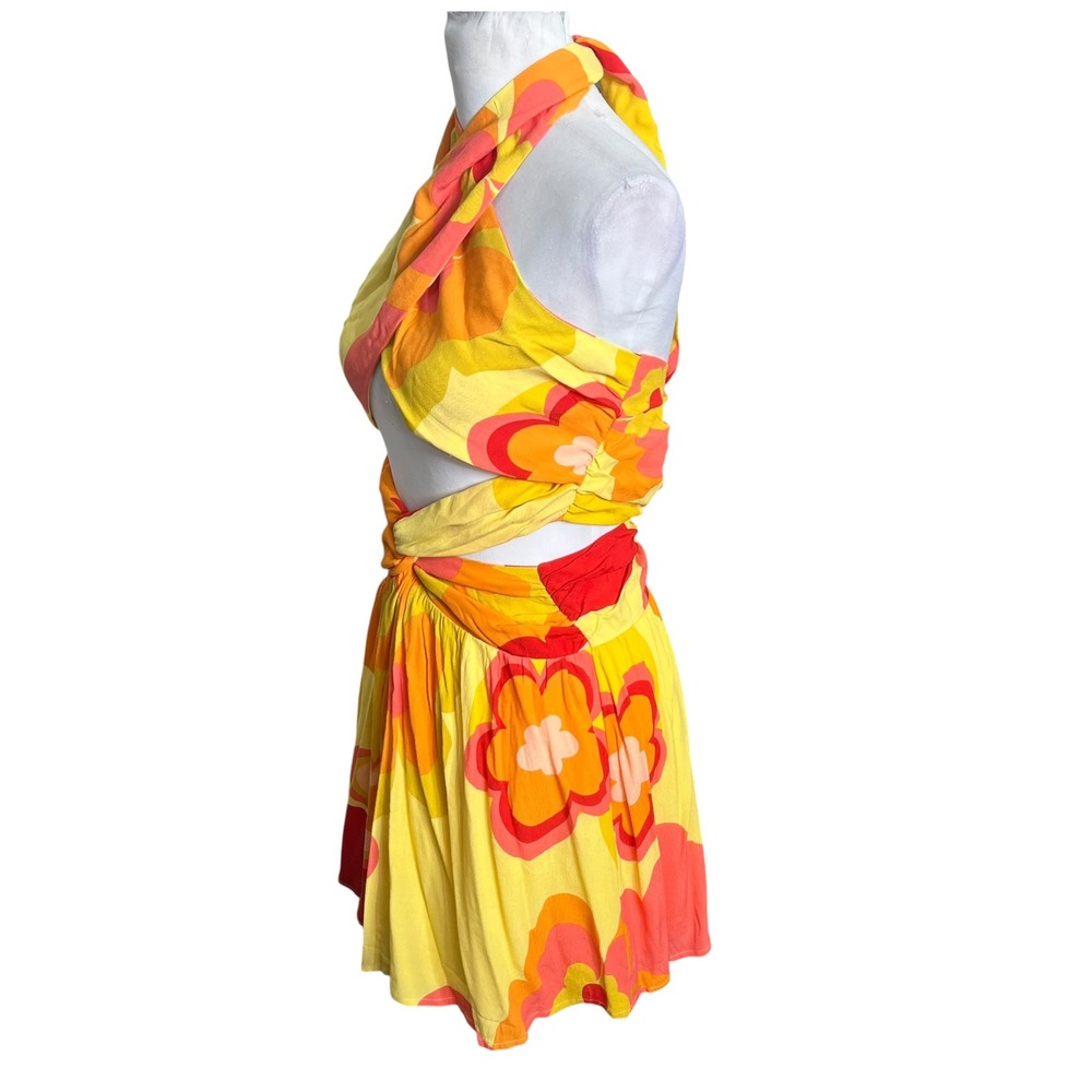Sabo Skirt Amina Floral Halter Mini Dress Womens XS Yellow Cutout Boho Resort - Picture 4 of 9